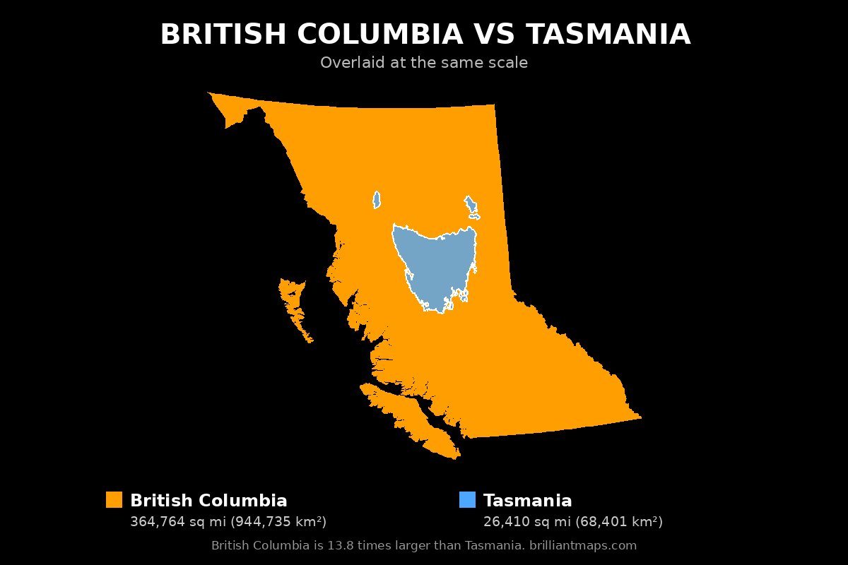 British Columbia vs Tasmania Size Comparison Map
