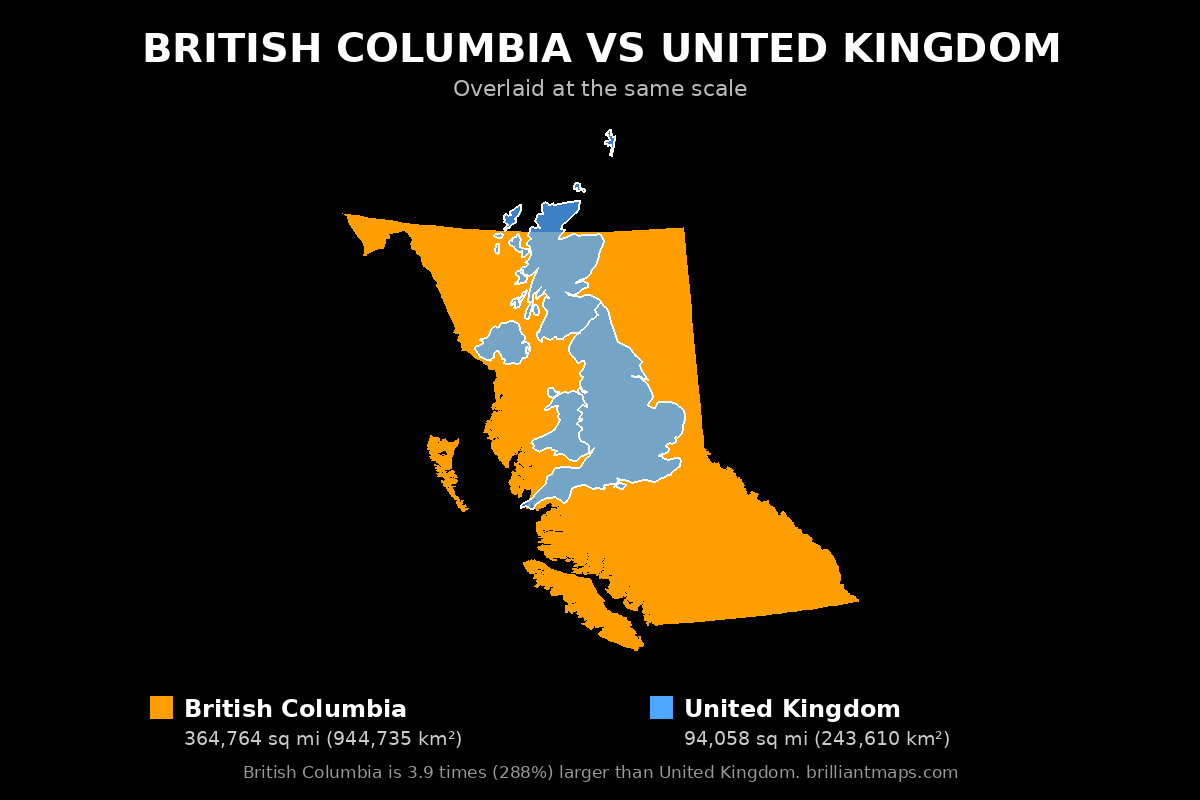 British Columbia vs United Kingdom Size Comparison Map
