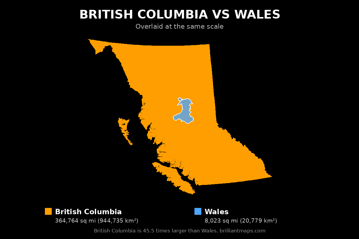 British Columbia vs Wales Size Comparison Map