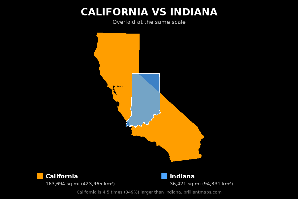 California vs Indiana Size Comparison Map