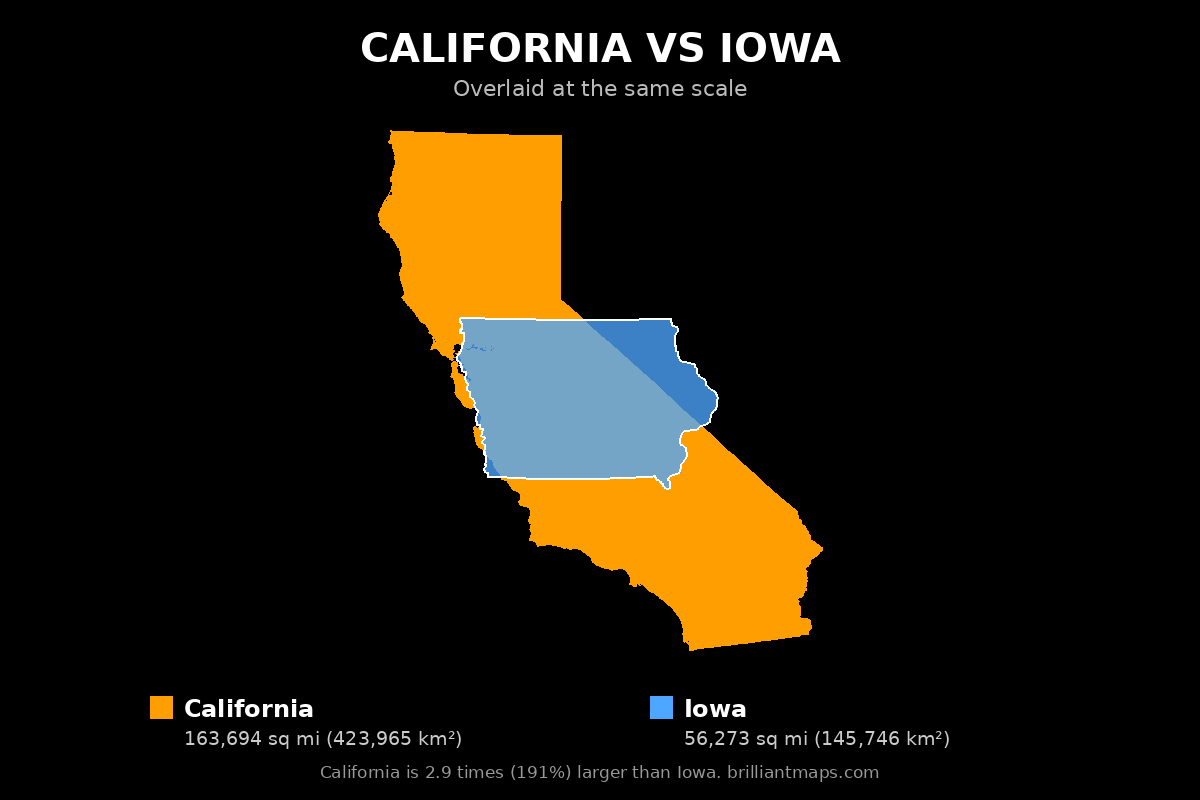 California vs Iowa Size Comparison Map