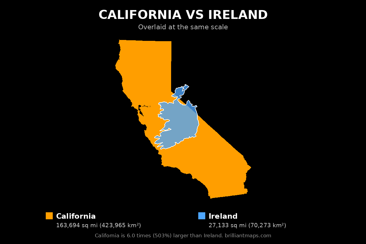 California vs Ireland Size Comparison Map