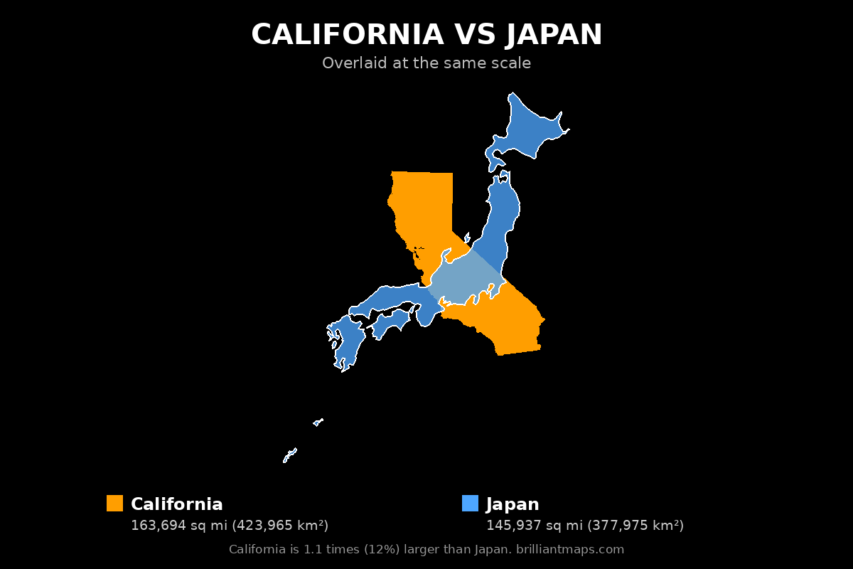 California vs Japan Size Comparison Map