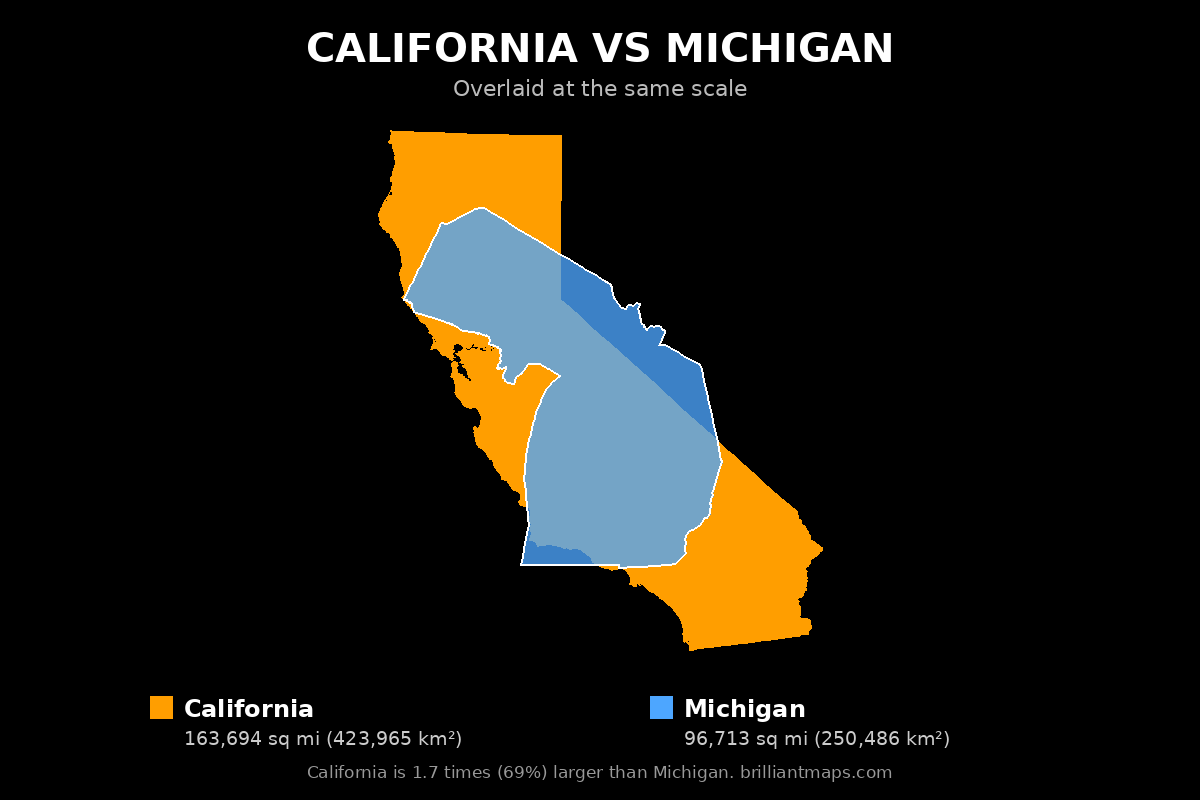 California vs Michigan Size Comparison Map