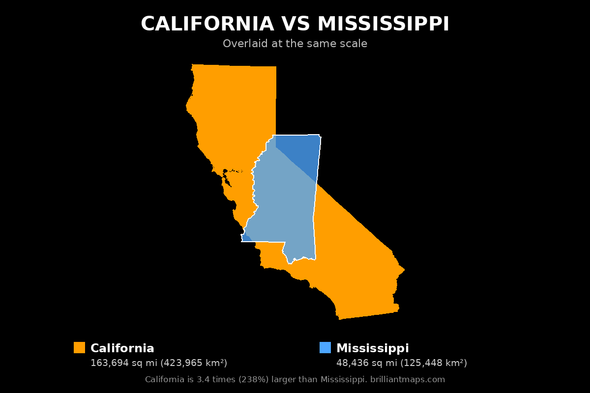 California vs Mississippi Size Comparison Map