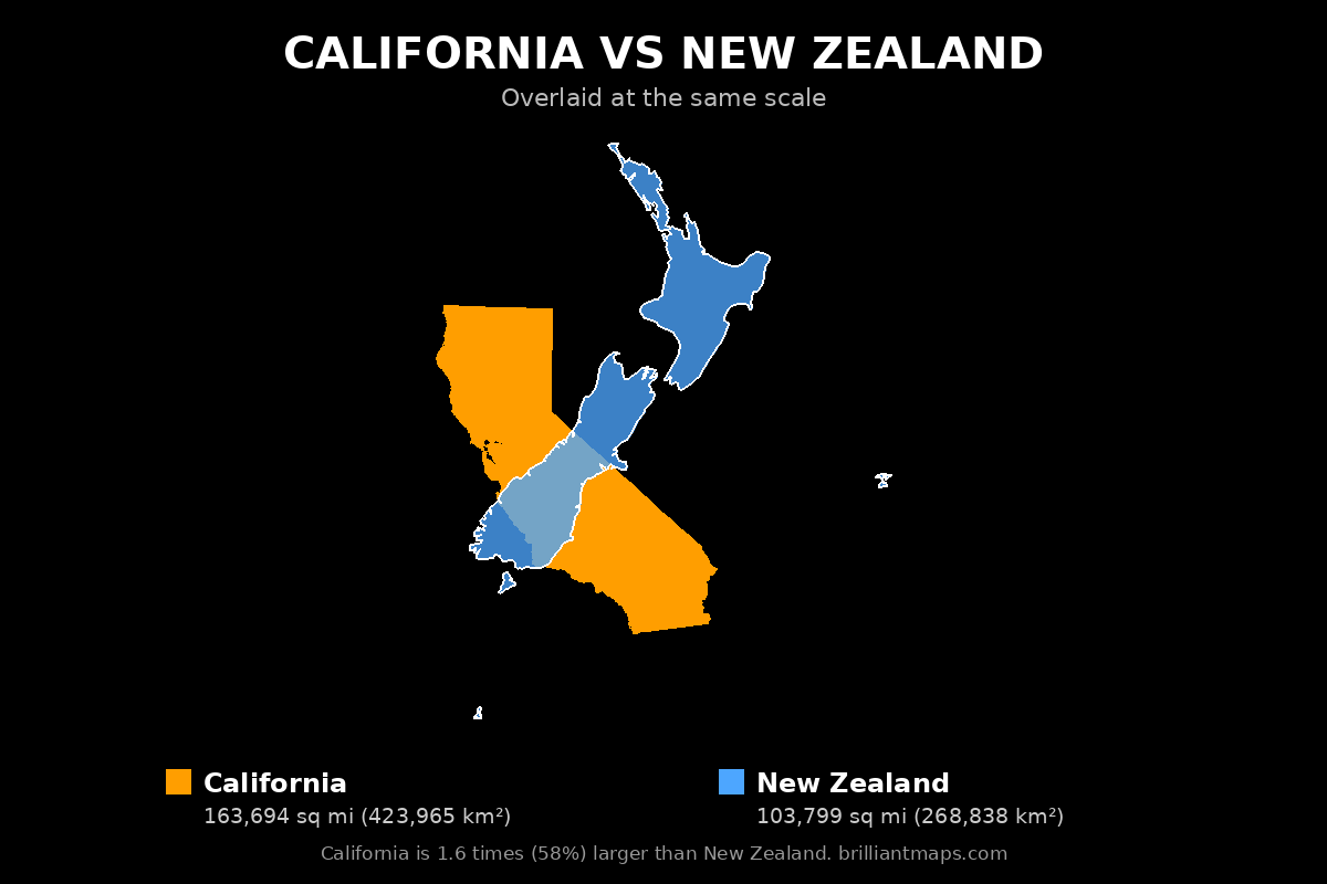 California vs New Zealand Size Comparison Map