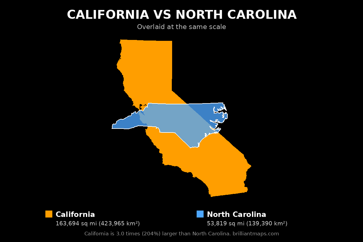 California vs North Carolina Size Comparison Map