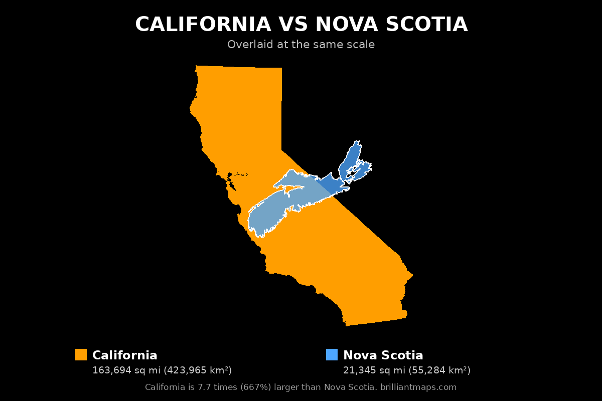 California vs Nova Scotia Size Comparison Map