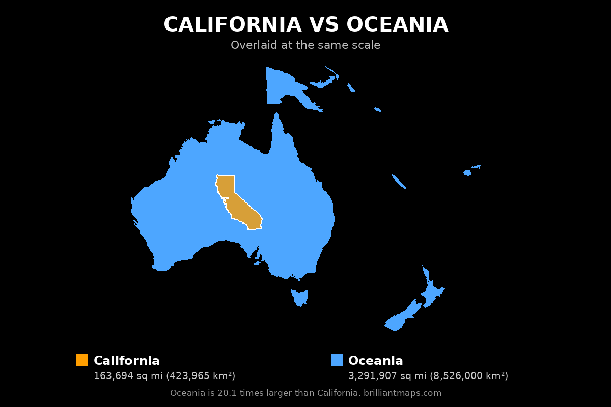California vs Oceania Size Comparison Map