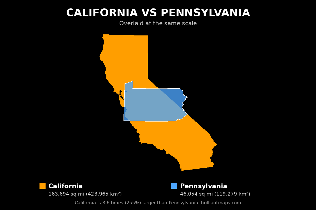 California vs Pennsylvania Size Comparison Map