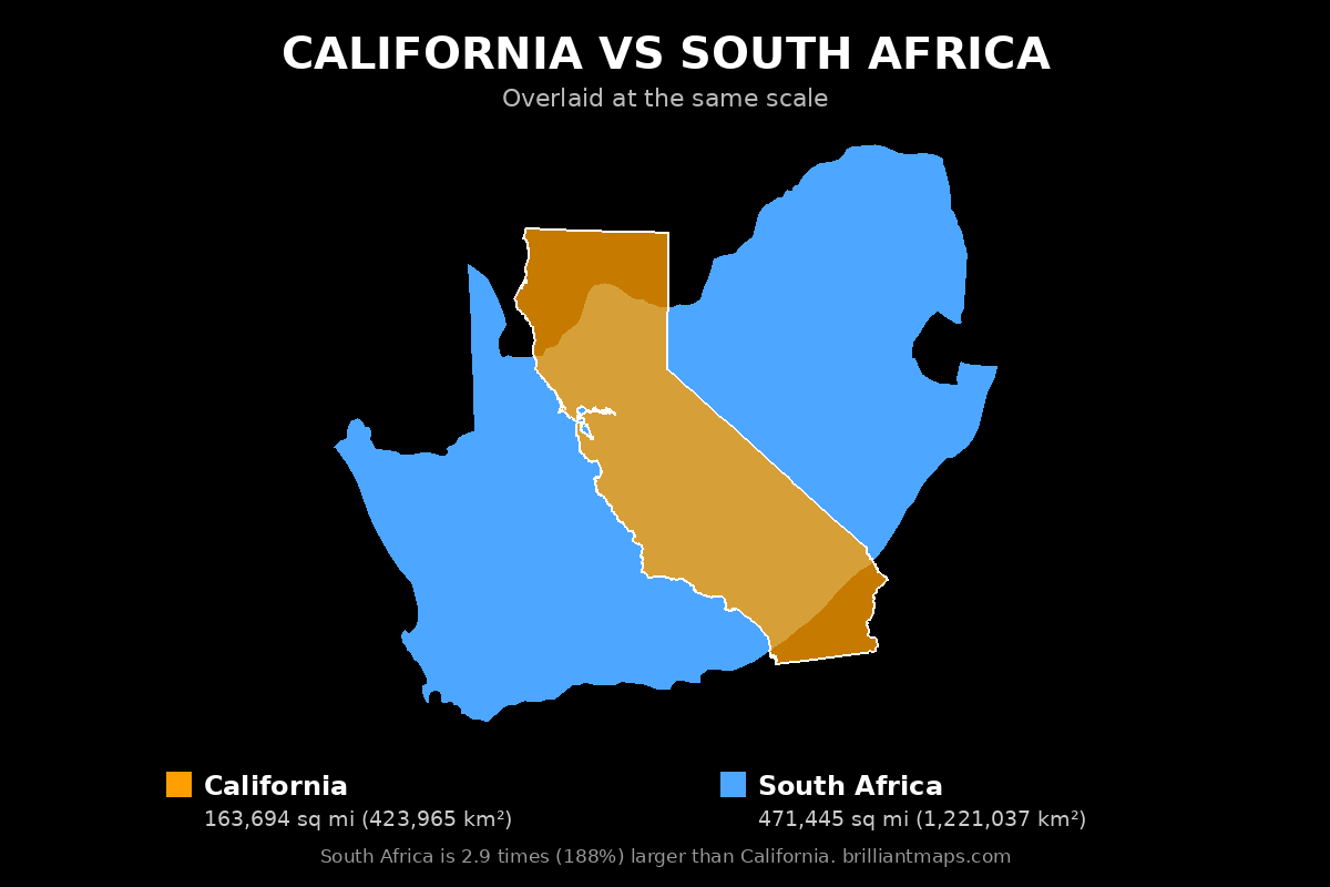 California vs South Africa Size Comparison Map
