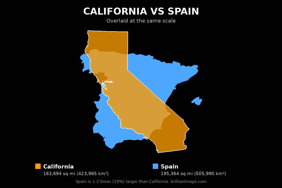California vs Spain Size Comparison Map