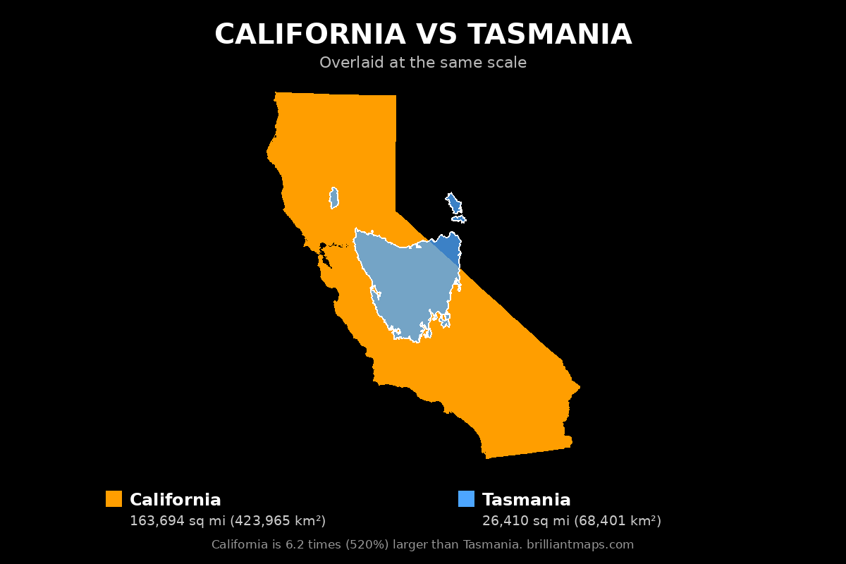 California vs Tasmania Size Comparison Map
