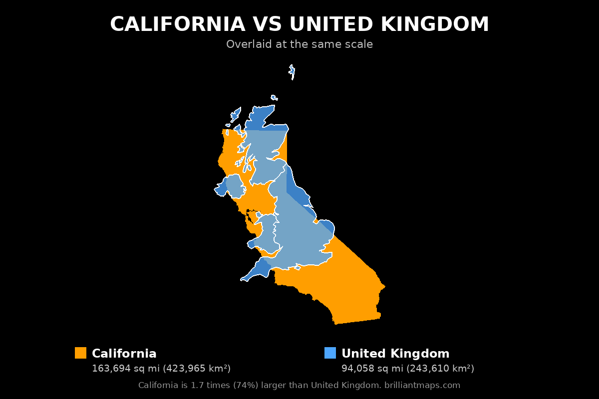 California vs United Kingdom Size Comparison Map