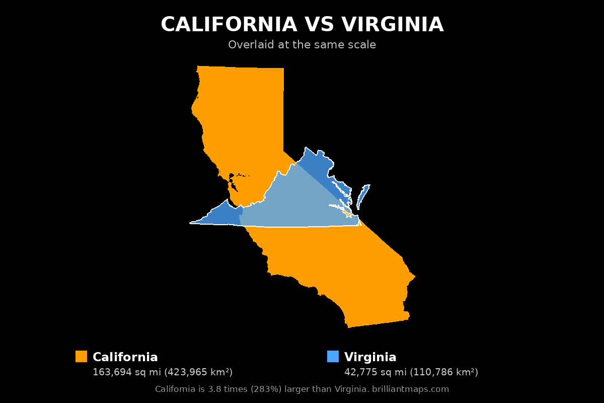 California vs Virginia Size Comparison Map