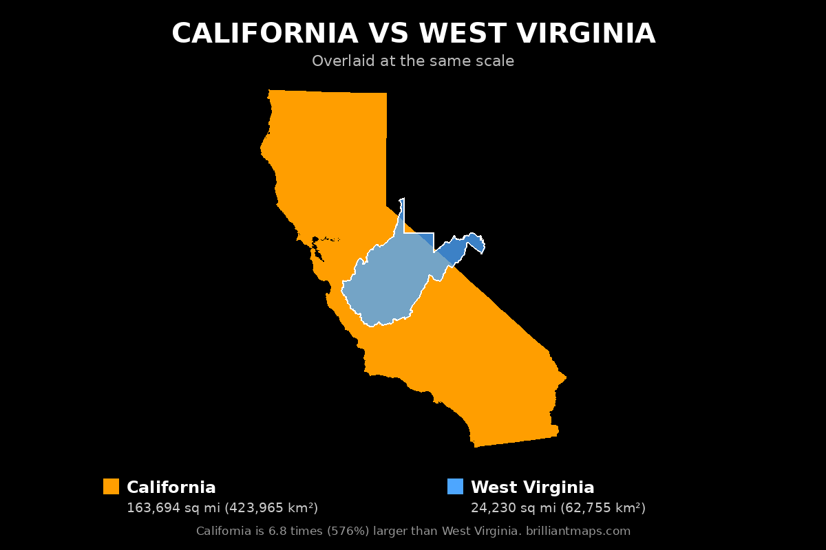 California vs West Virginia Size Comparison Map