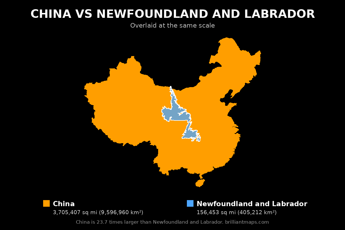 China vs Newfoundland and Labrador Size Comparison Map