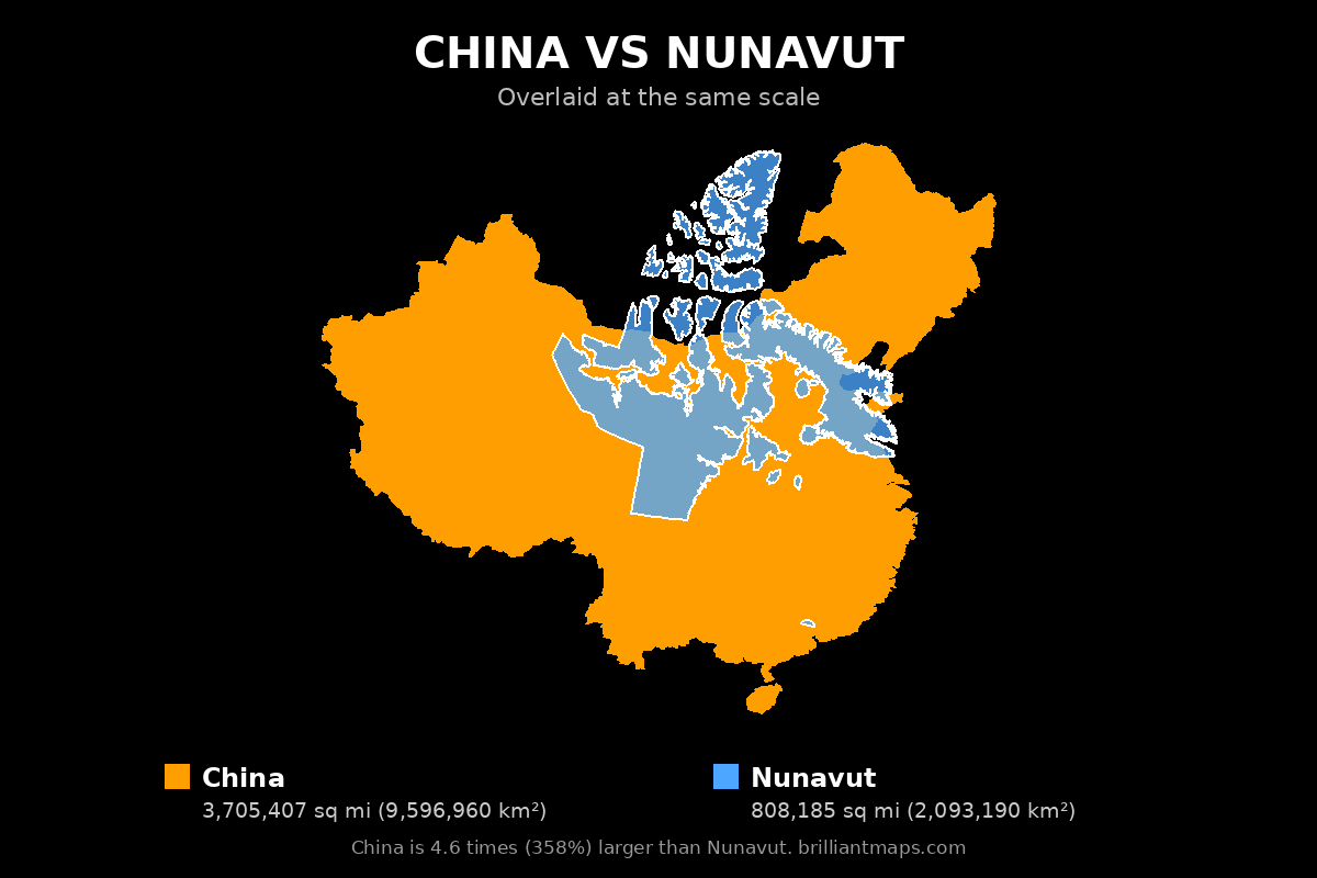 China vs Nunavut Size Comparison Map