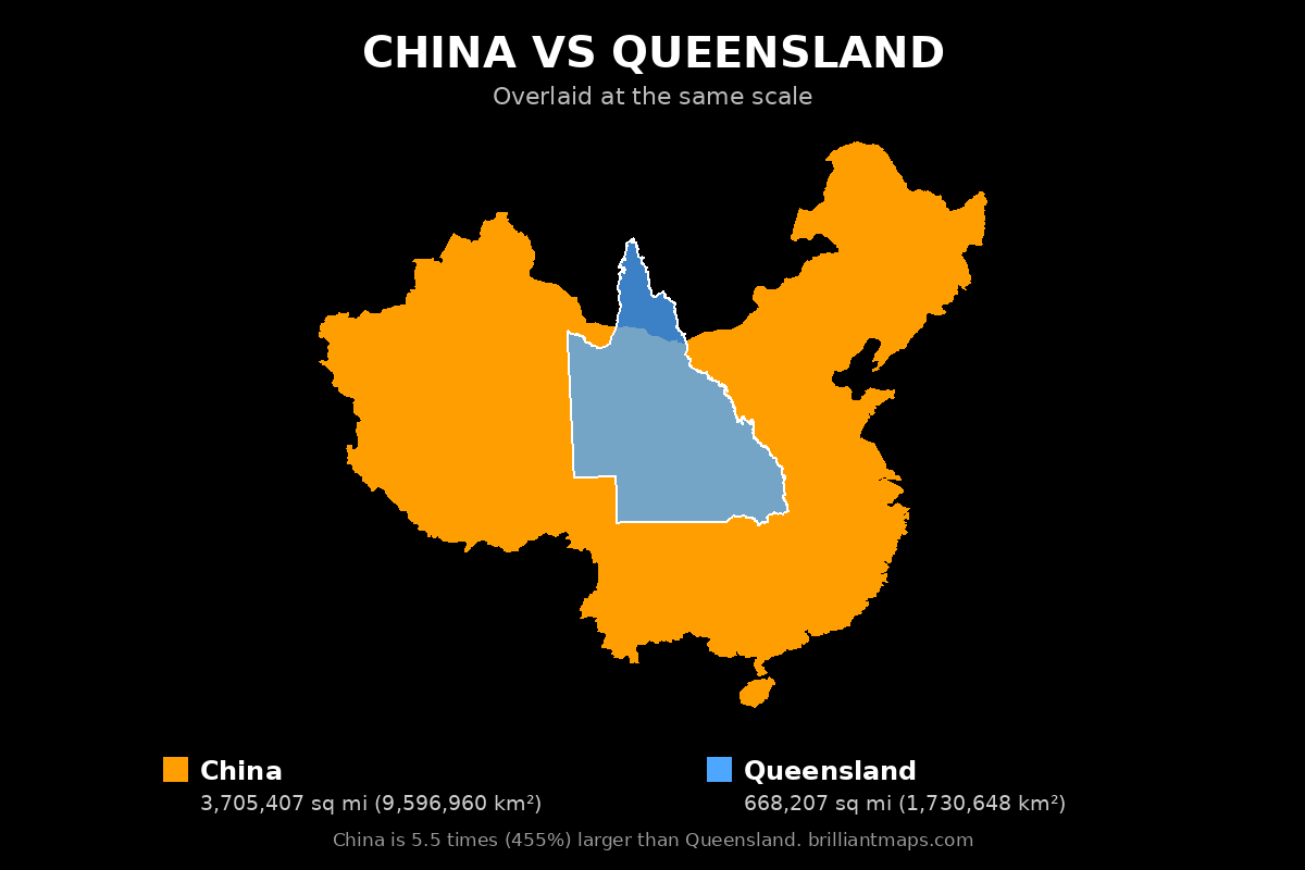 China vs Queensland Size Comparison Map
