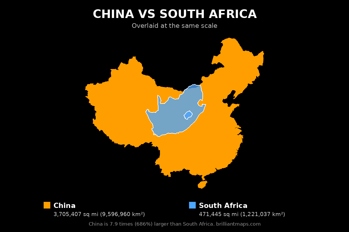 China vs South Africa Size Comparison Map