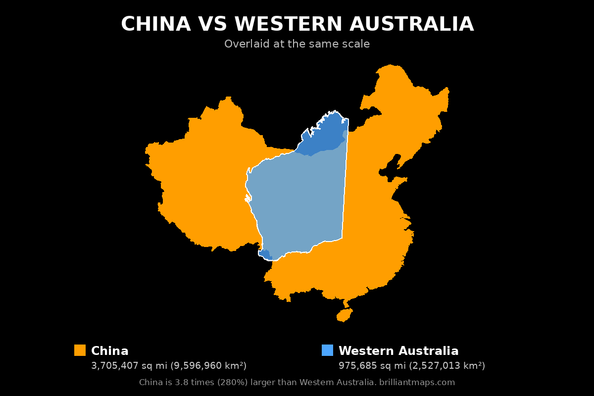 China vs Western Australia Size Comparison Map