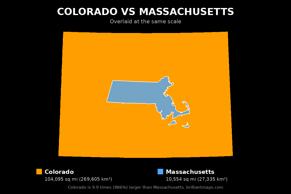 Colorado vs Massachusetts Size Comparison Map