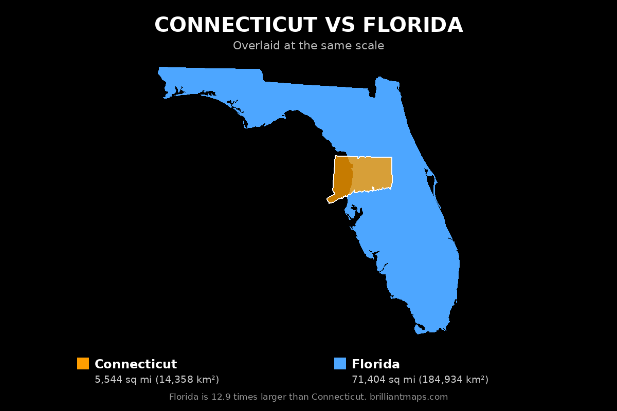 Connecticut vs Florida Size Comparison Map