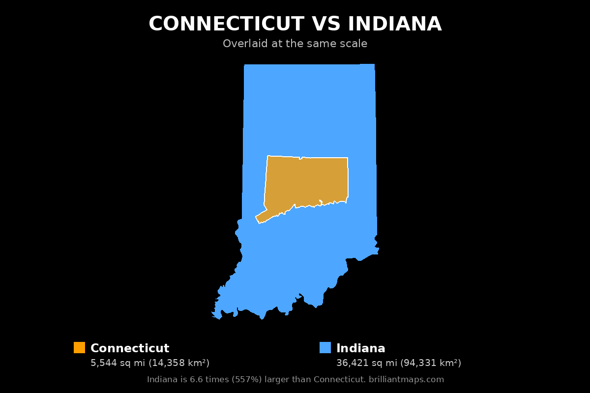 Connecticut vs Indiana Size Comparison Map