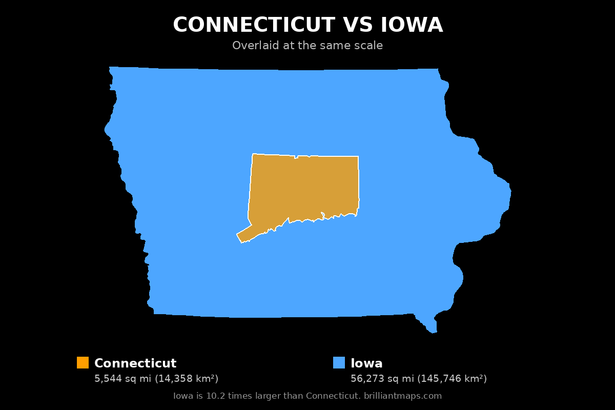 Connecticut vs Iowa Size Comparison Map
