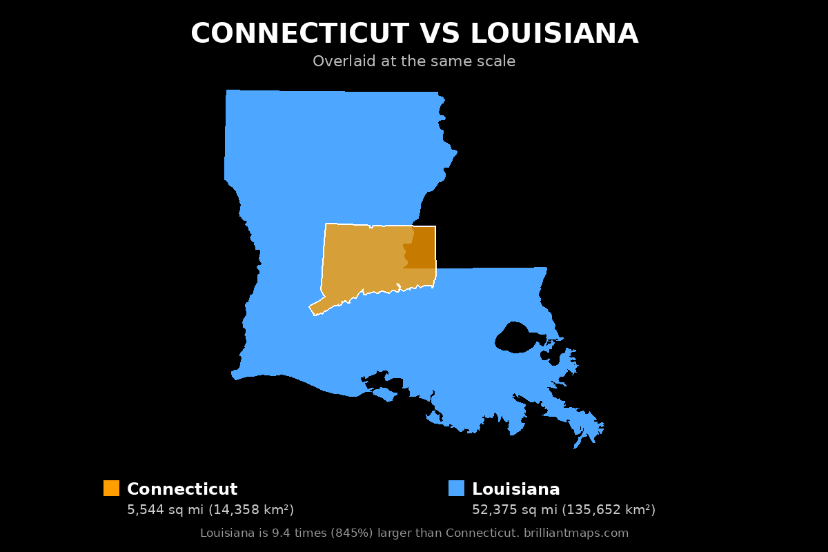 Connecticut vs Louisiana Size Comparison Map