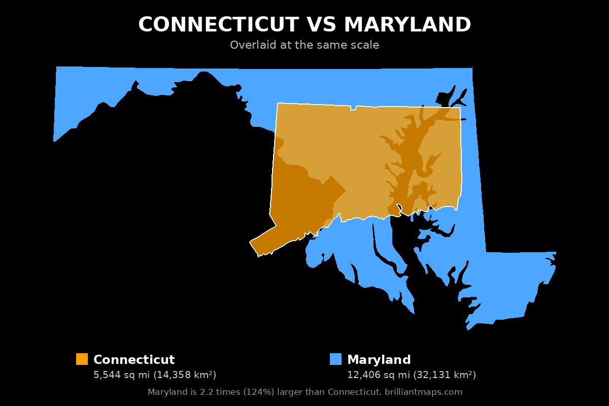 Connecticut vs Maryland Size Comparison Map