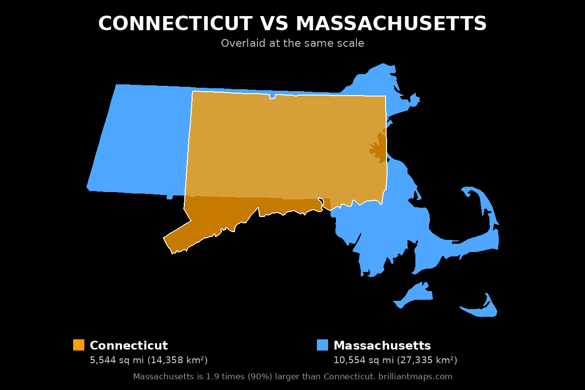 Connecticut vs Massachusetts Size Comparison Map