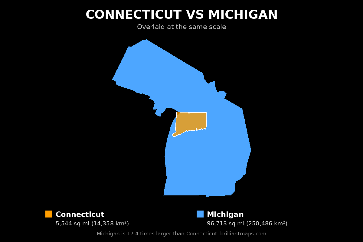 Connecticut vs Michigan Size Comparison Map