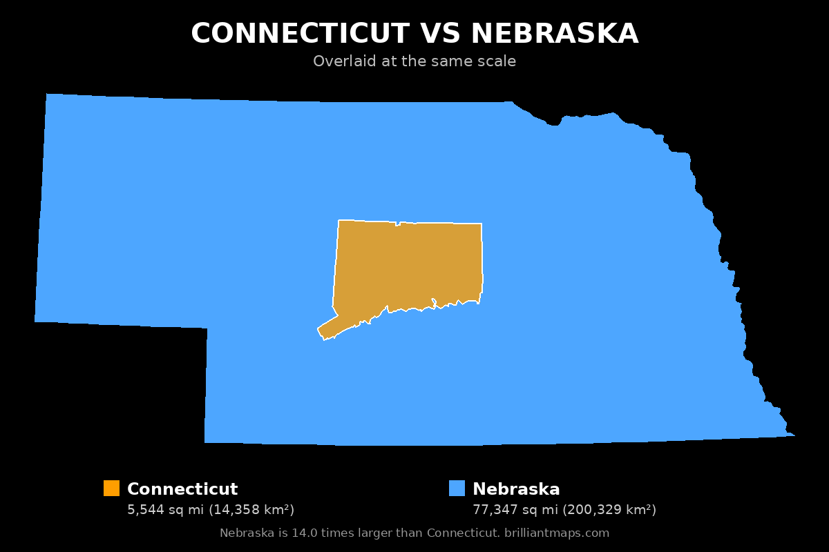 Connecticut vs Nebraska Size Comparison Map