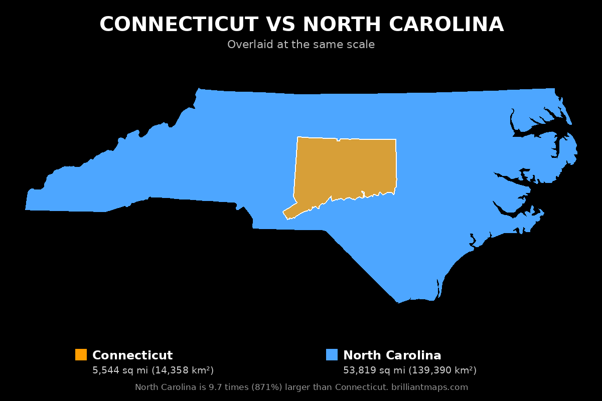 Connecticut vs North Carolina Size Comparison Map