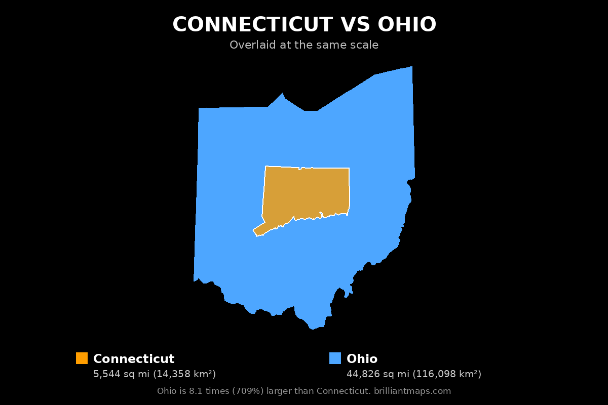 Connecticut vs Ohio Size Comparison Map