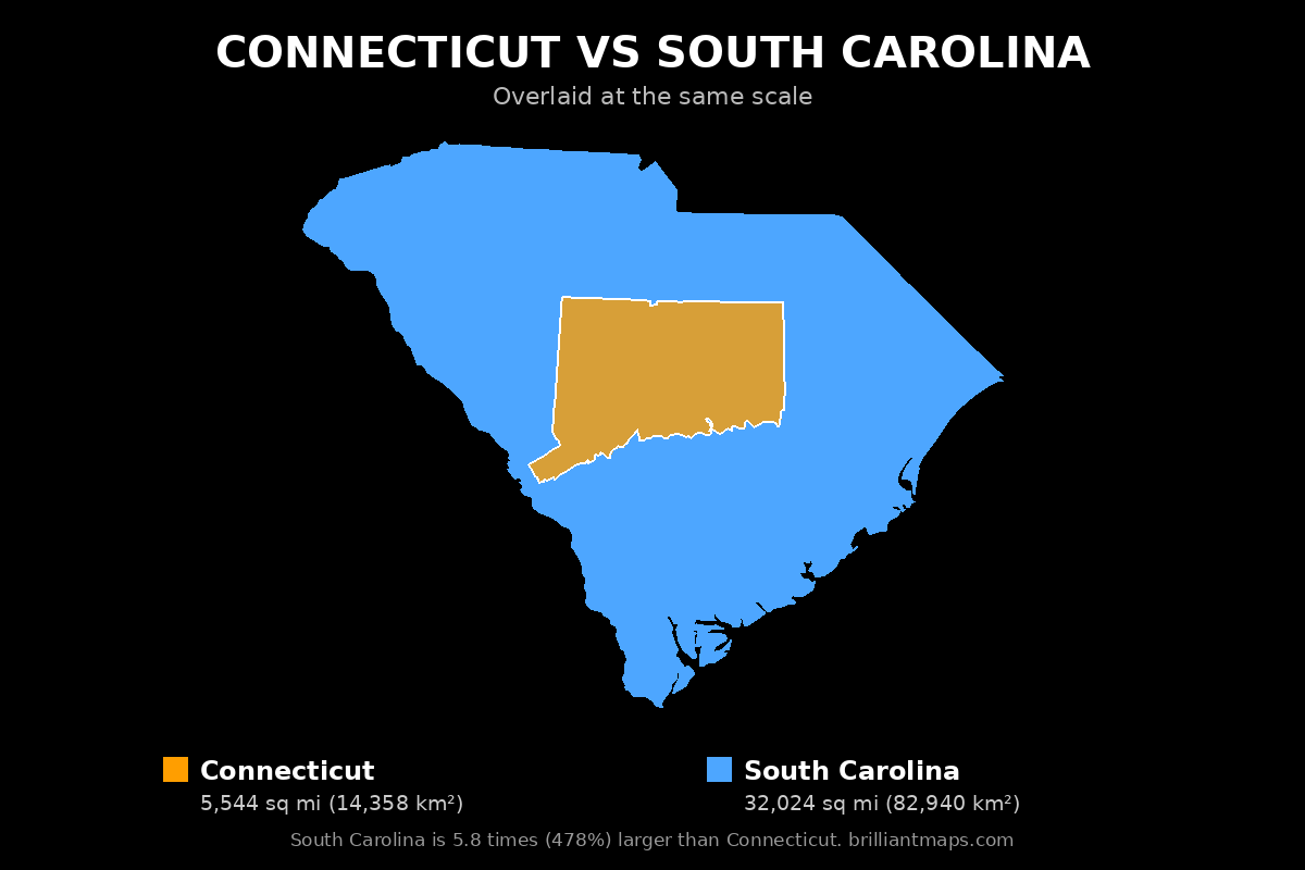 Connecticut vs South Carolina Size Comparison Map