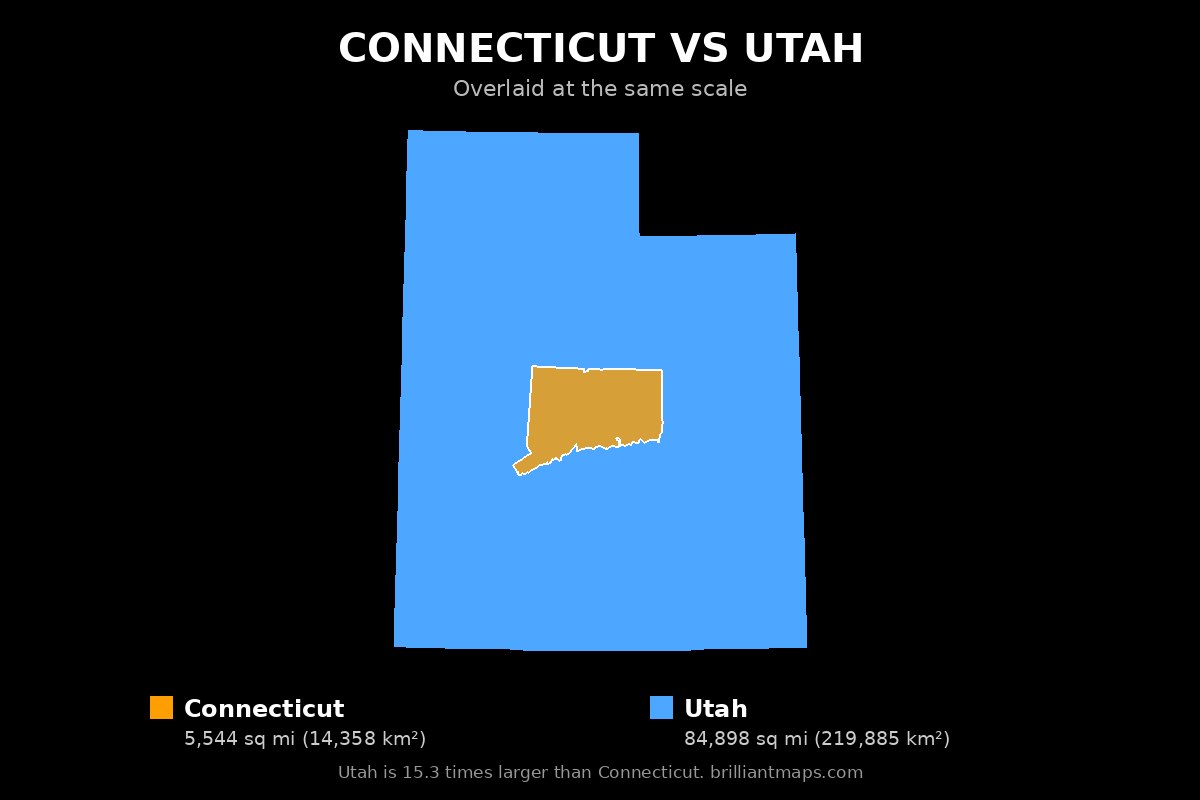 Connecticut vs Utah Size Comparison Map