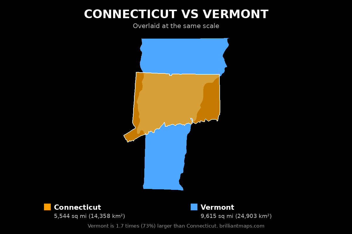 Connecticut vs Vermont Size Comparison Map