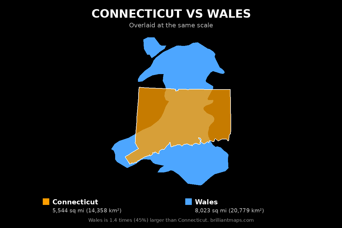 Connecticut vs Wales Size Comparison Map