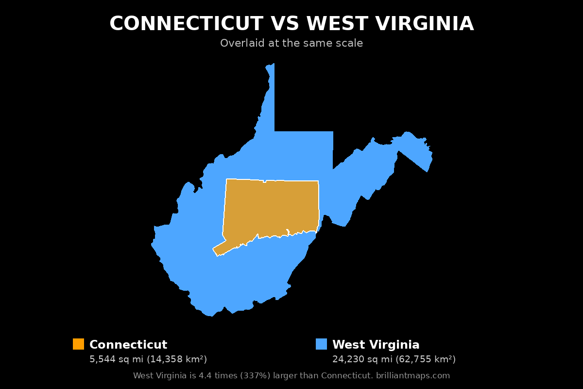 Connecticut vs West Virginia Size Comparison Map