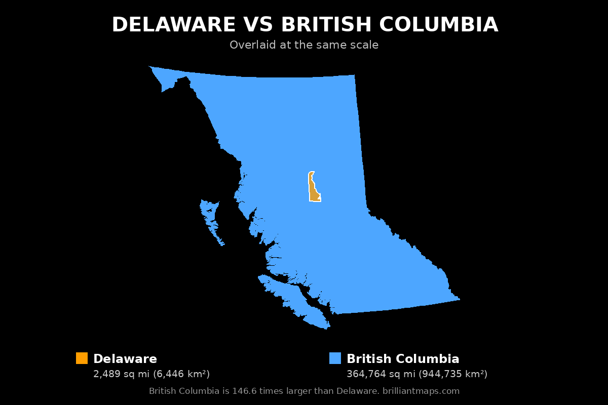Delaware vs British Columbia Size Comparison Map