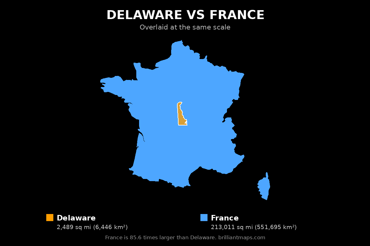 Delaware vs France Size Comparison Map