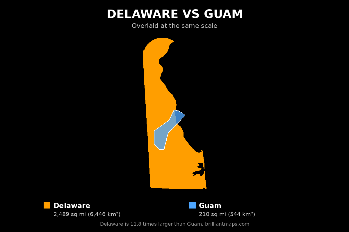 Delaware vs Guam Size Comparison Map