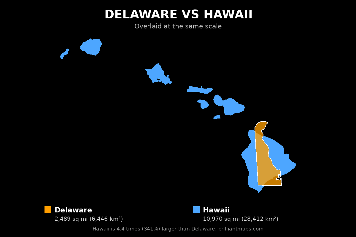 Delaware vs Hawaii Size Comparison Map