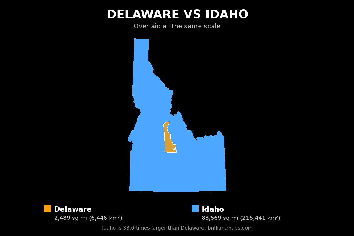Delaware vs Idaho Size Comparison Map
