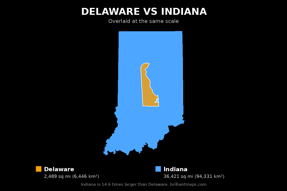 Delaware vs Indiana Size Comparison Map