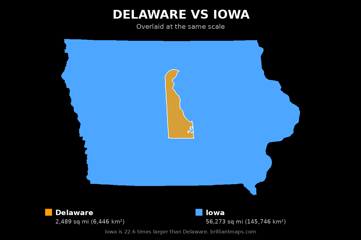 Delaware vs Iowa Size Comparison Map