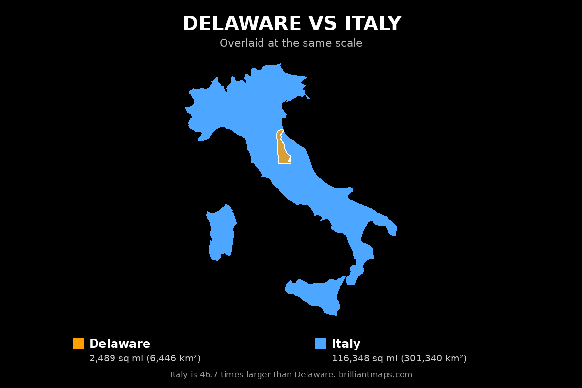 Delaware vs Italy Size Comparison Map