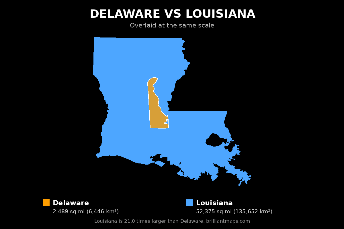 Delaware vs Louisiana Size Comparison Map